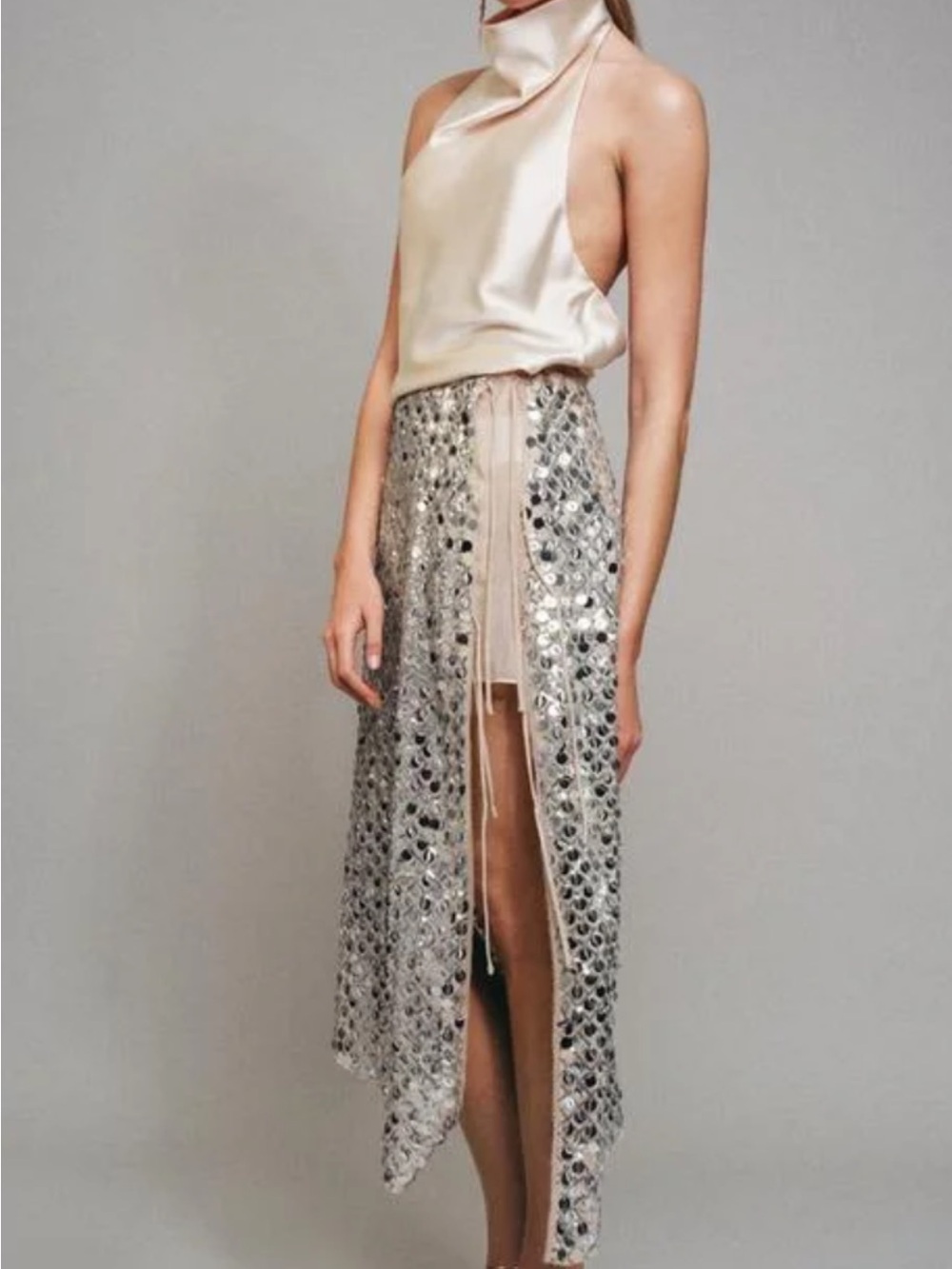 Sequin Overlay Midi Skirt in Silver